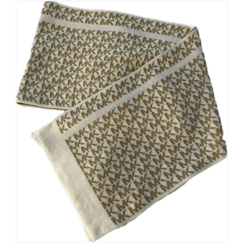 Michael Kors MK Logo Women Scarf Gold/Ivory Cream Metallic
